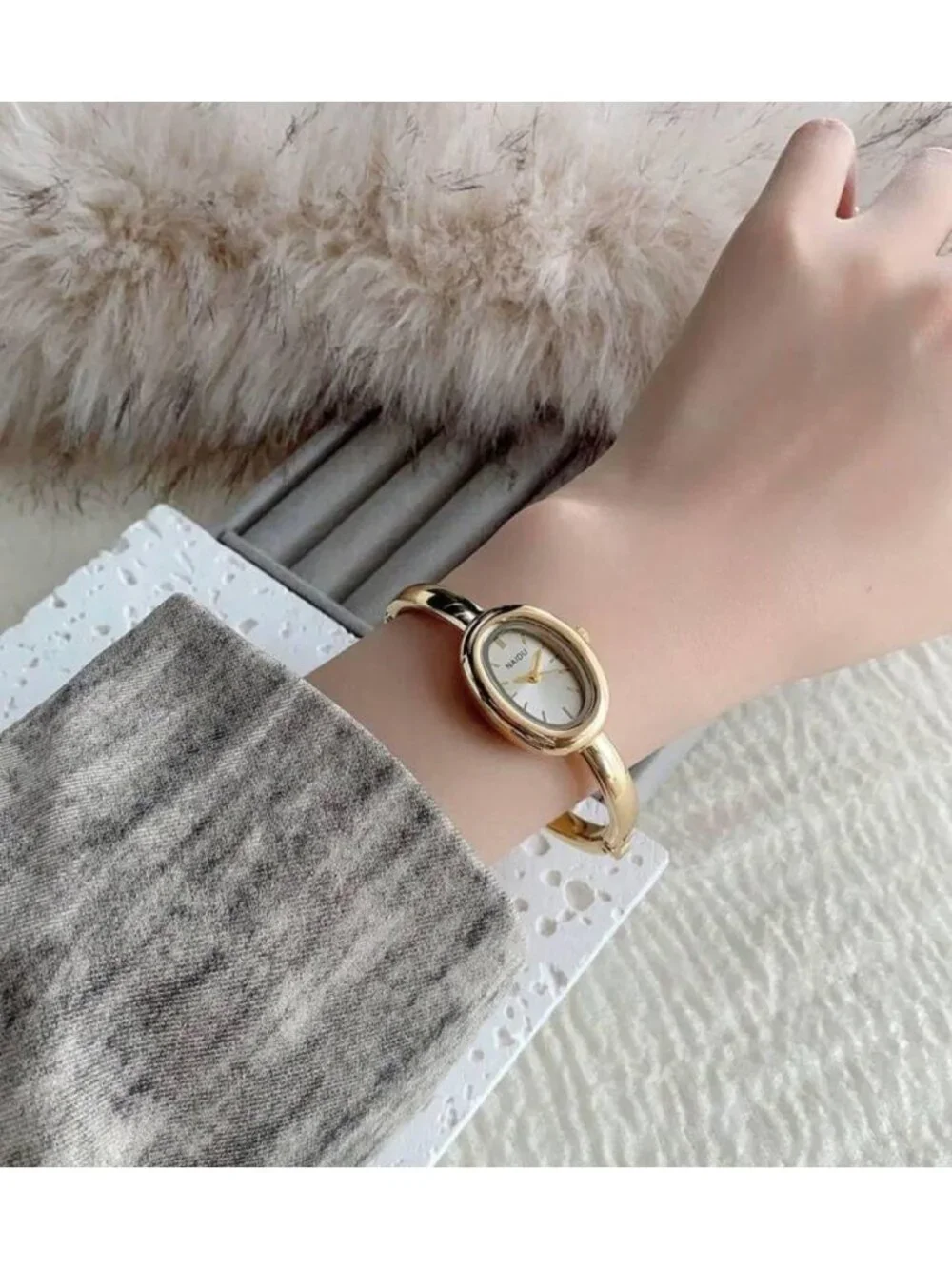 Women's White Bangle Bracelet Oval Dial Roman Numeral Elegant Style Wrist Watch